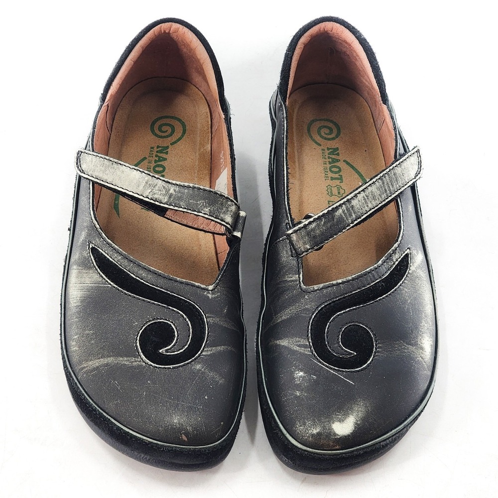 NAOT Matai Mary Jane Swirl Metallic Leather Flats‎ Shoes Hook & Loop Size 38 7